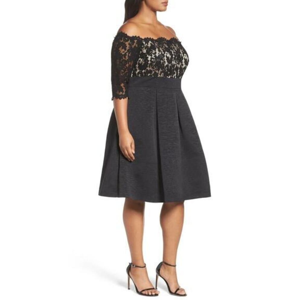 nwt ELIZA J Black Lace Off Shoulder Pleated Flare Skirt Cocktail Dress 16W = 1X